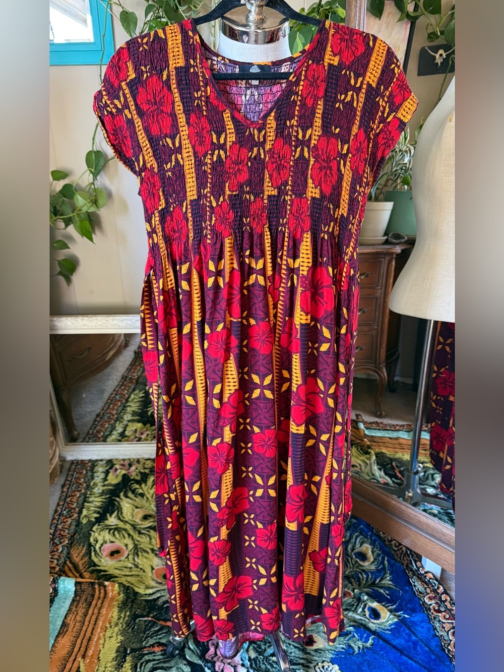 Mesian Original Style Tropical Floral Smocked Midi Dress, size XL - Picture 7 of 9